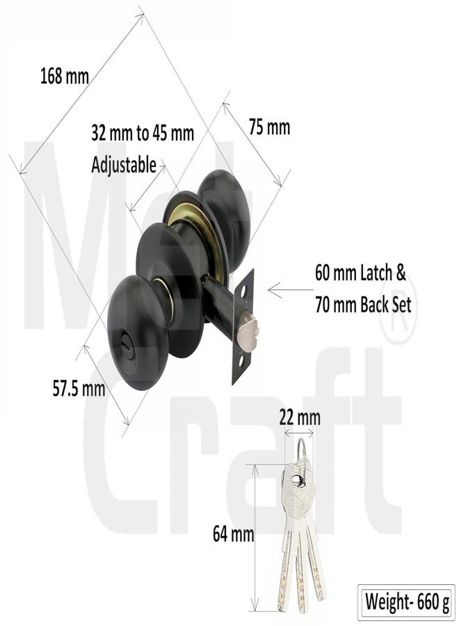 Met Craft SS304 Room Door Knob Lock - with 3 Brass Computerised Key Cylindrical Lock for Bedroom/Main Door/Tubular Door Knob/Handle (Black Matt, 70 mm Backset) - Image 4